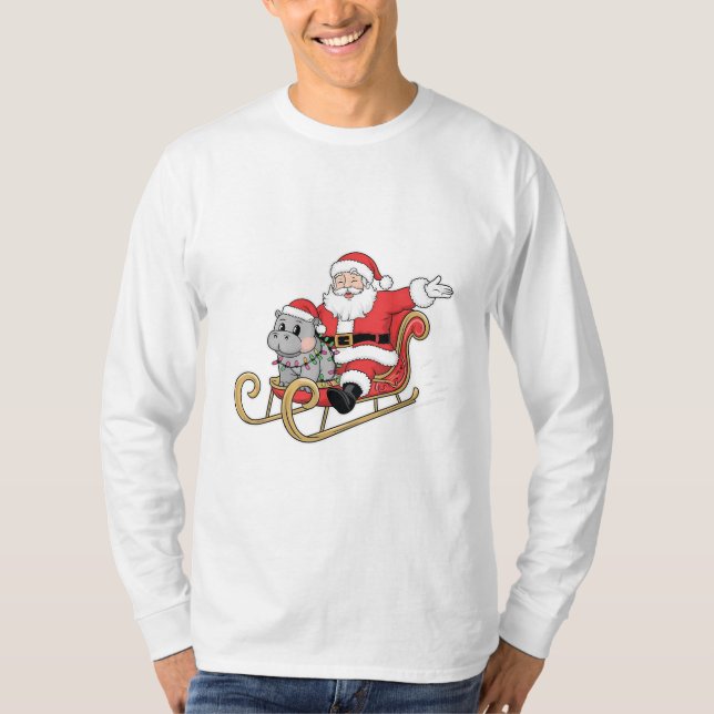 Camiseta Papais noeis cavalgando com um bebê Moo Deng Hippo (Frente)