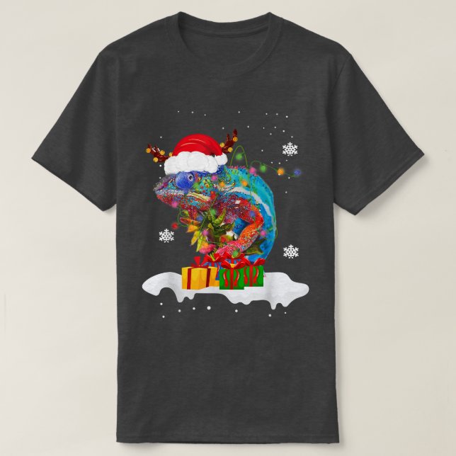Camiseta Papais noeis Chameleon Animal Christmas Lights Lov (Frente do Design)