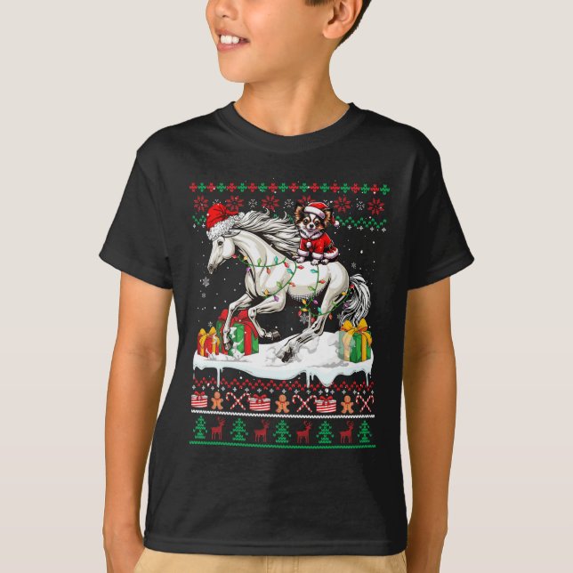 Camiseta Papais noeis Chihuahua Andando Cavalo de Natal Doc (Frente)