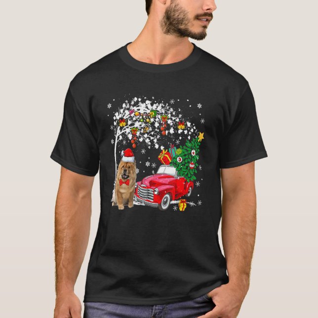 Camiseta Papais noeis Chow Chow Red Pickup Carregando X Mas (Frente)