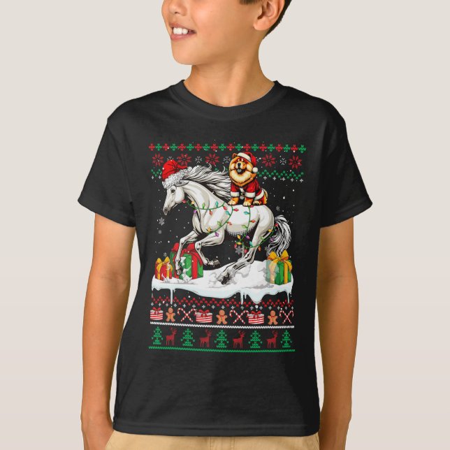 Camiseta Papais noeis Chow Chow Riding Horse Christmas Swea (Frente)