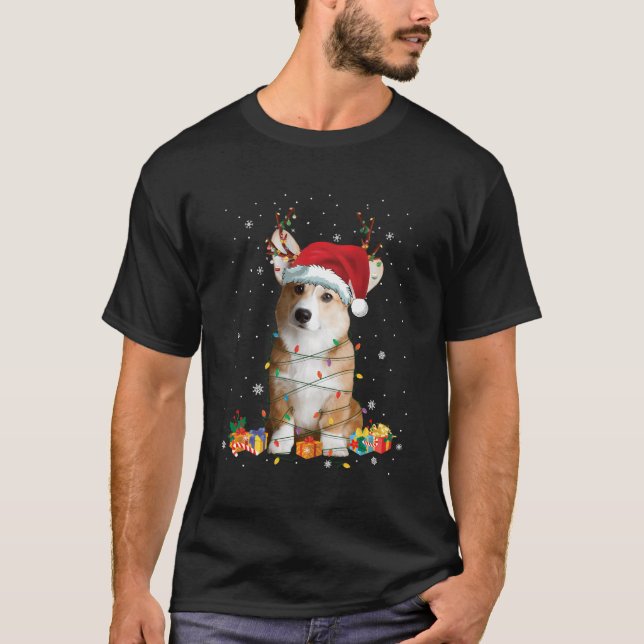 Camiseta Papais noeis Corgi Reindeer Pequeno Presente de Na (Frente)