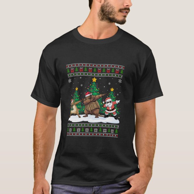 Camiseta Papais noeis Dabbing Reindeer Armadillo Tree Luzes (Frente)