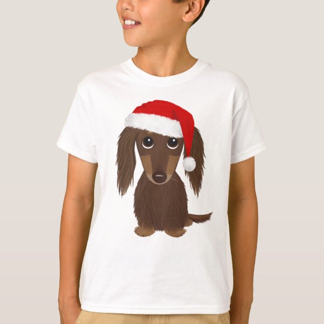 Camiseta Papais noeis Dachshund de Chocolate de Cabelos Lon (Frente)