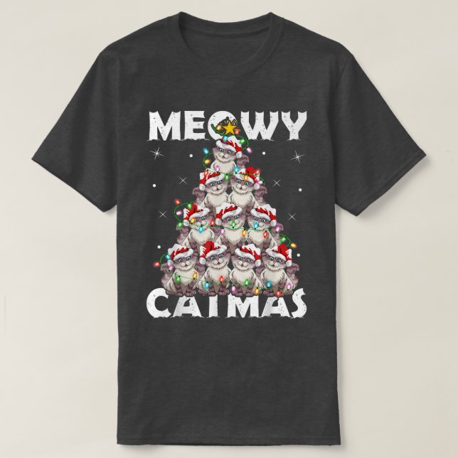 Camiseta Papais noeis das Luzes do Gato de Natal Meowy Catm (Frente do Design)