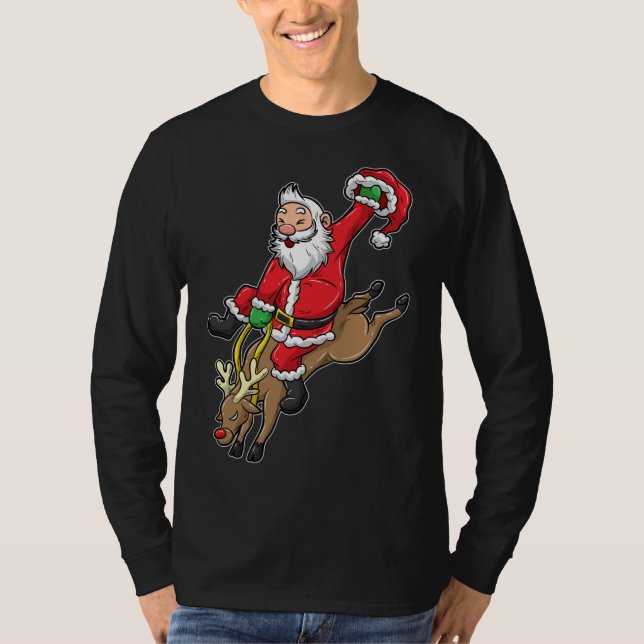 Camiseta Papais noeis De Cowboy Xmas Reindeer Rodeo Natal E (Frente)