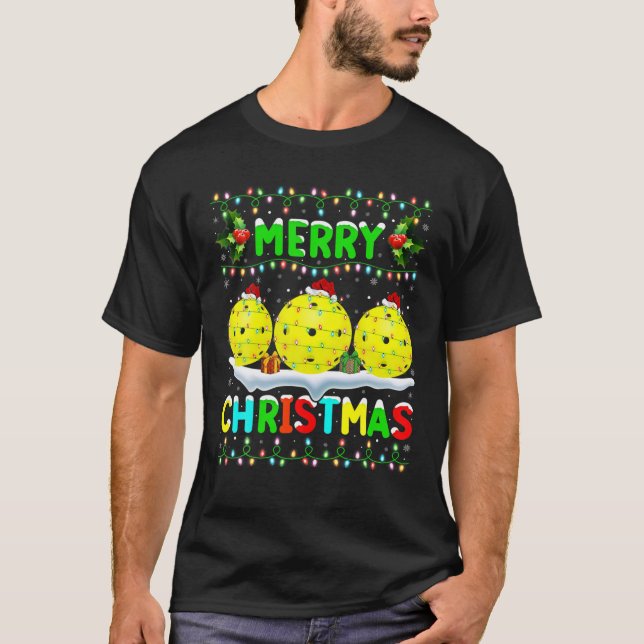 Camiseta Papais noeis De Iluminação Xmas Pickleball Feliz P (Frente)