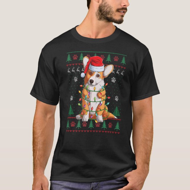 Camiseta Papais noeis de Luzes de Natal Corgi Cachorro Feio (Frente)