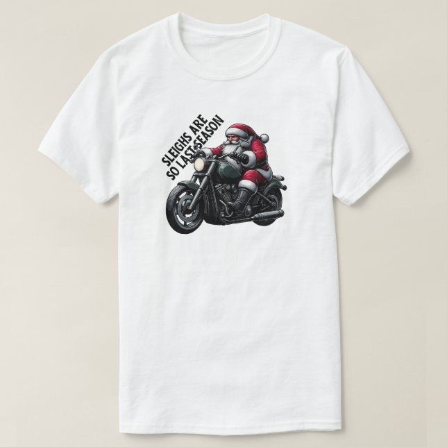 Camiseta Papais noeis de Natal Engraçados Dirigindo Moto (Frente do Design)