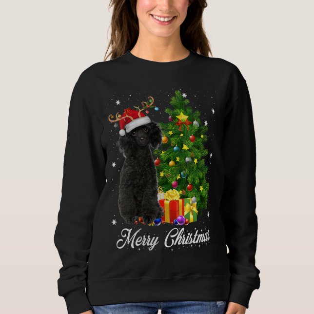 Camiseta Papais noeis de Poodle Negra Árvore de Natal Luz d (Frente)