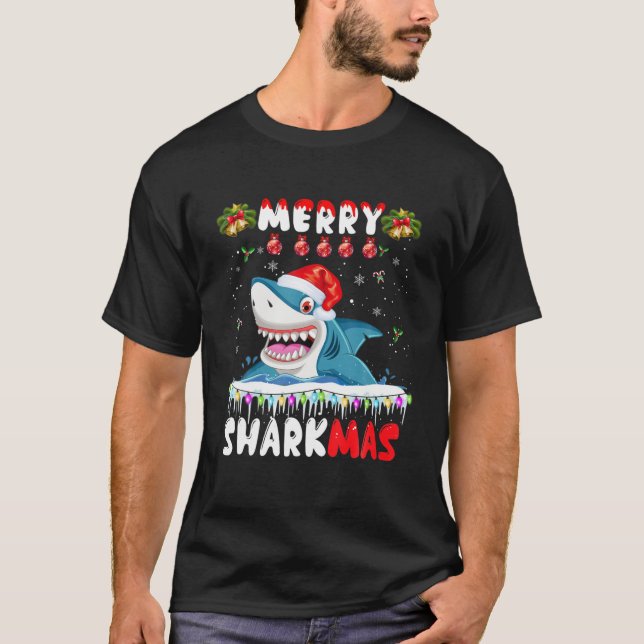 Camiseta Papais noeis de Sharkmas felizes Andam com Tubarão (Frente)