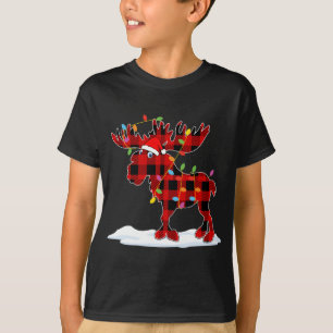 Camiseta Papais noeis de Xadrez vermelha Luzes de alce de a