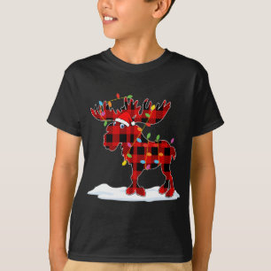 Camiseta Papais noeis de Xadrez vermelha Luzes de alce de a
