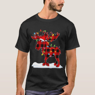 Camiseta Papais noeis de Xadrez vermelha Luzes de alce de a