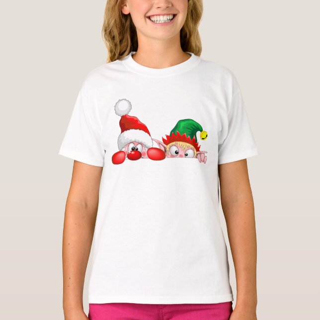 Camiseta Papais noeis e Elf Cute e Caracteres Engraçados (Frente)