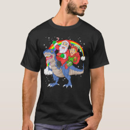Camiseta papais noeis e elf dirigindo dinossauro trex