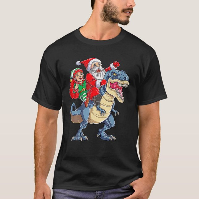 Camiseta Papais noeis Elf Andando Dinossauro T - Rex Christ (Frente)