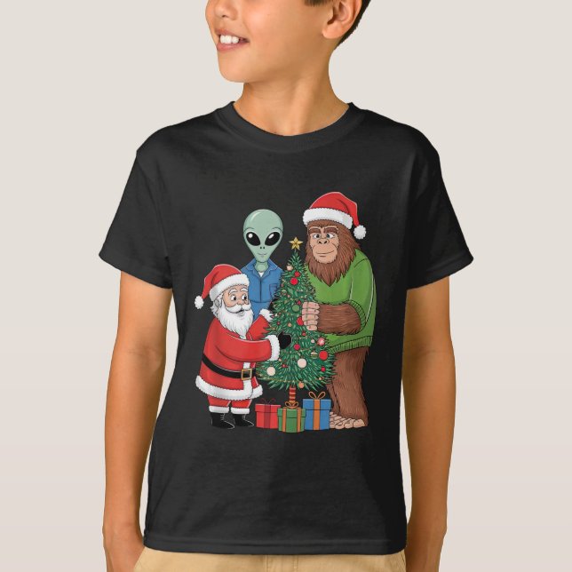 Camiseta Papais noeis Engraçados Alienígena Bigfoot Decoran (Frente)