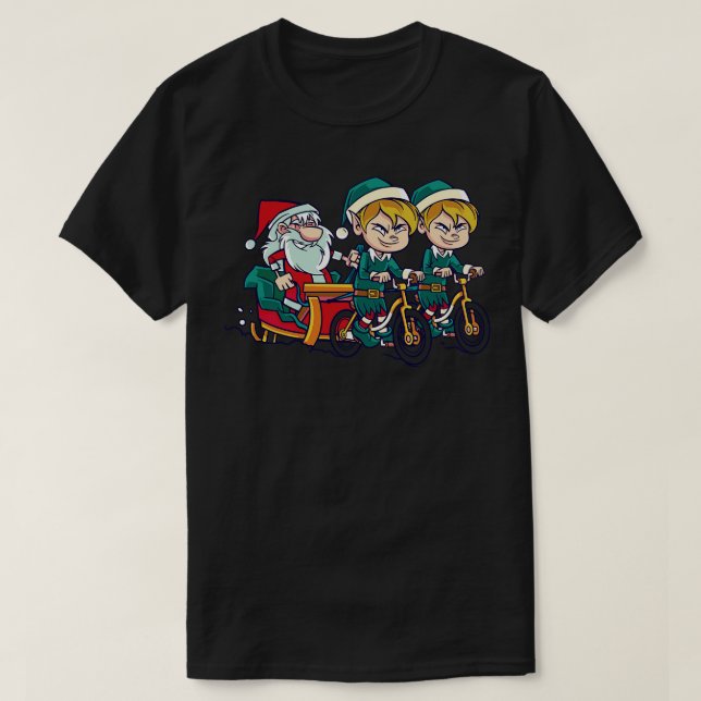 Camiseta Papais noeis engraçados com seus Elfos nas bicicle (Frente do Design)