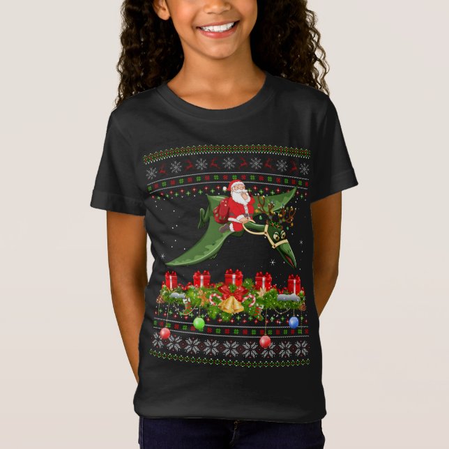 Camiseta Papais noeis Engraçados De Xmas Andando Pterodacty (Frente)