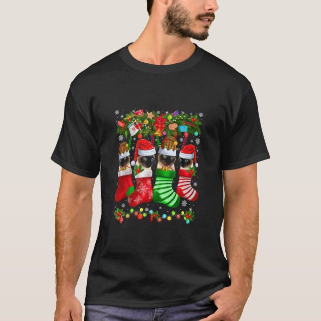 Camiseta Papais noeis Engraçados Gatos Siameses Em Meias De (Frente)