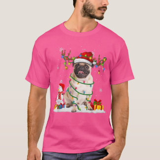 Camiseta Papais noeis Engraçados Pug Reindeer Fairy Light F