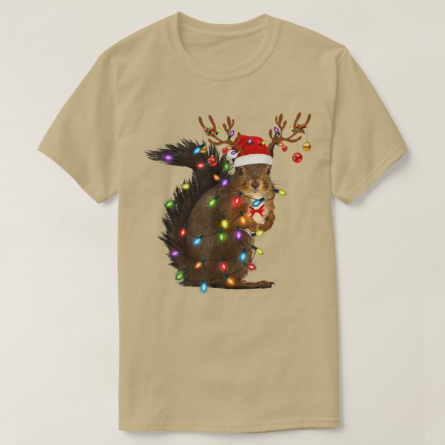 Camiseta Papais noeis Esquilo de Natal Luz de Pajama Corres (Frente do Design)