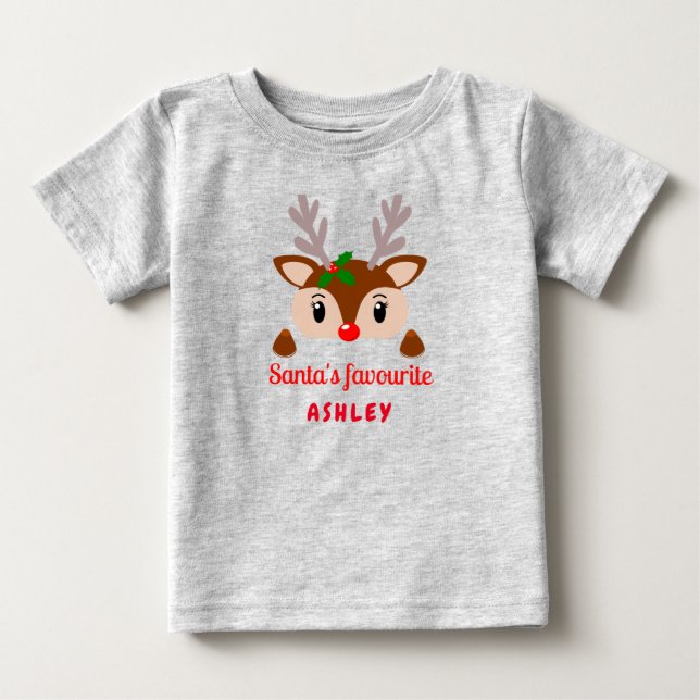 Camiseta Papais noeis favoritos, Rudolph reindeer bebê Nata (Frente)