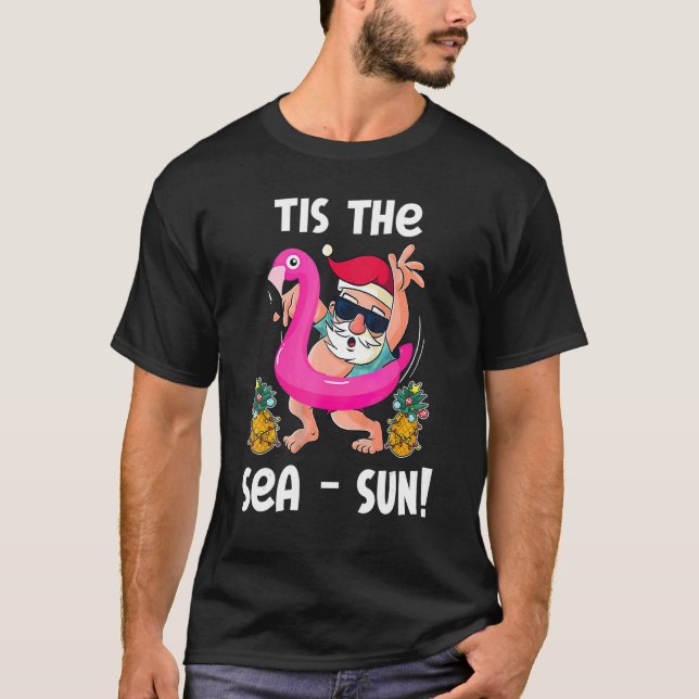 Camiseta Papais noeis Flamingo Float Tis Sea Sun Beach Summ (Frente)