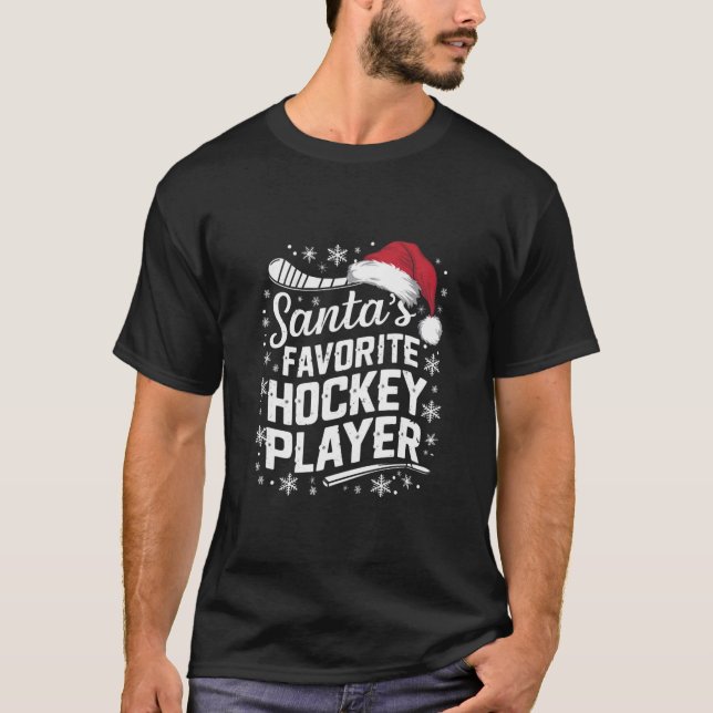 Camiseta Papais noeis Jogador de Hóquei Favorito no Natal d (Frente)
