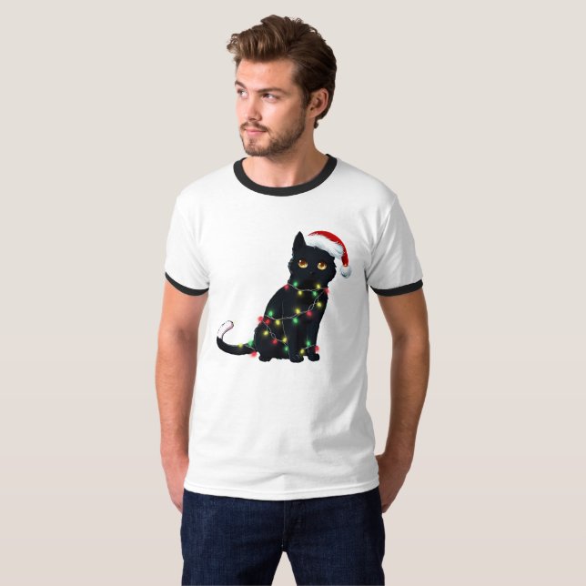 Camiseta Papais noeis Negros De Gato Arrependido Na Árvore  (Frente Completa)