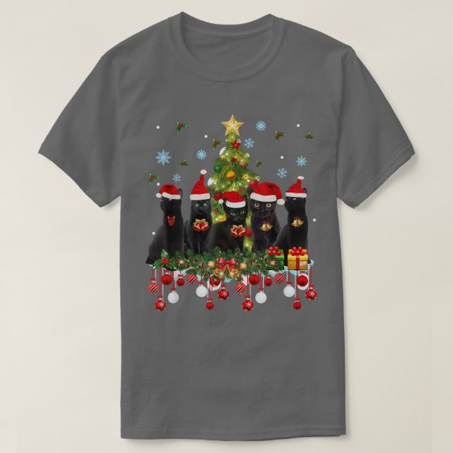Camiseta Papais noeis Negros Gatos Árvore de Natal Luzes En (Frente do Design)