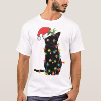 Camiseta Papais noeis Negros Gatos Tangidos Em Luzes De Nat
