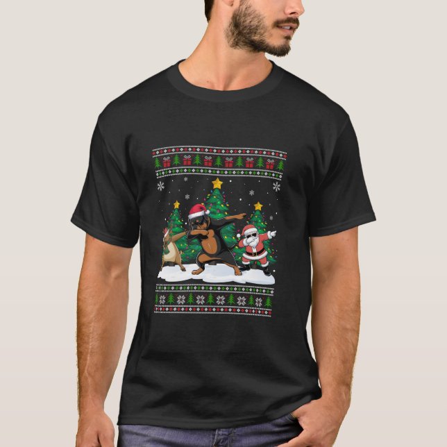 Camiseta Papais noeis para esfregar Reindeer Rottweiler Cac (Frente)