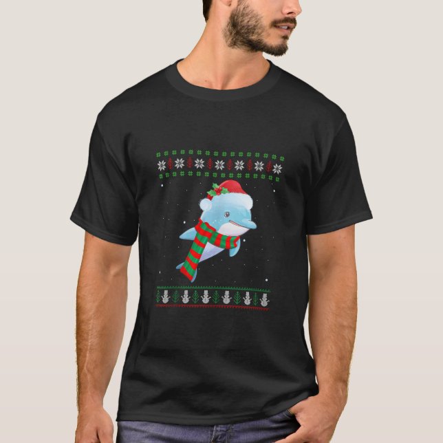 Camiseta Papais noeis Peixes De Golfinhos Sobrevoam Xmas Go (Frente)