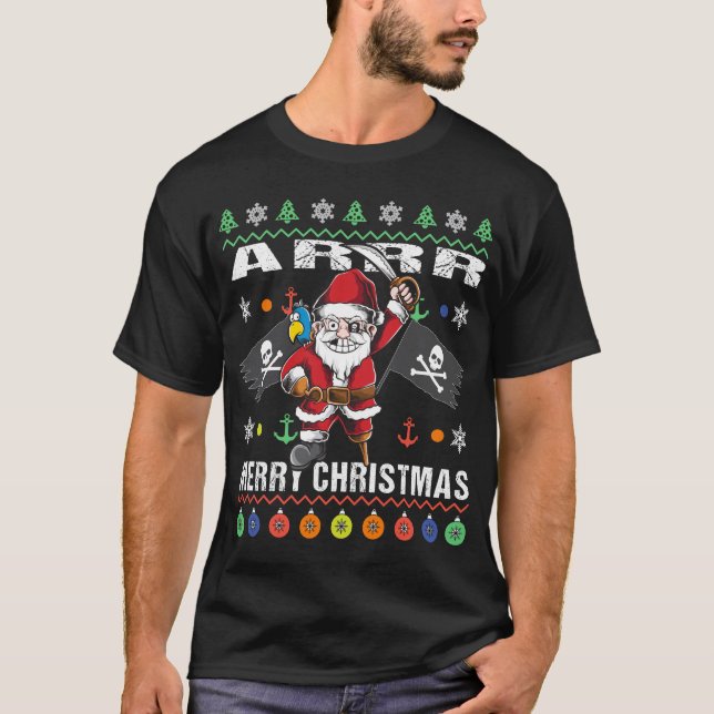Camiseta Papais noeis Piratas Tacky Xmas Sweater Ar Feliz N (Frente)