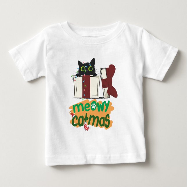 Camiseta Papais noeis pretos Gato enredado em luzes de árvo (Frente)