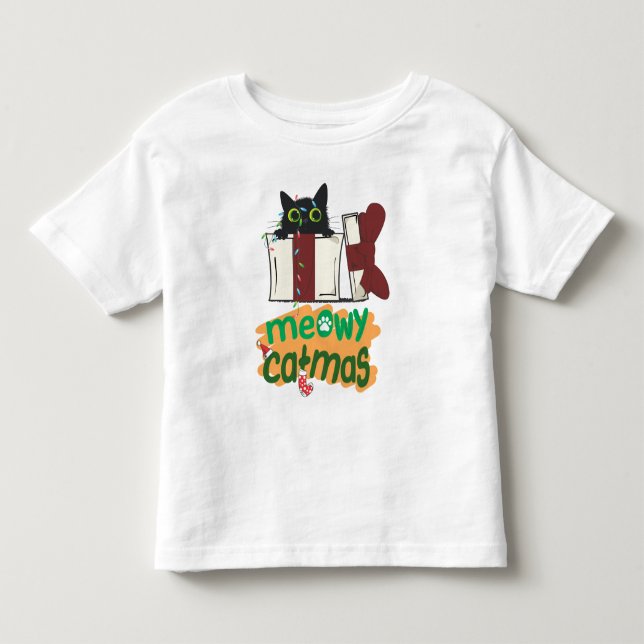 Camiseta Papais noeis pretos Gato enredado em luzes de árvo (Frente)