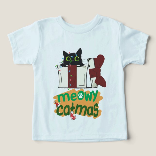 Camiseta Papais noeis pretos Gato enredado em luzes de árvo (Design frontal)