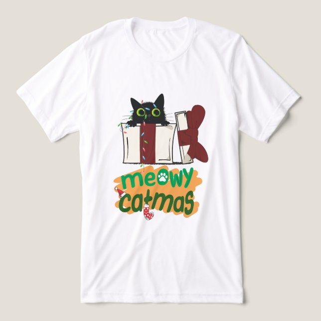 Camiseta Papais noeis pretos Gato enredado em luzes de árvo (Design frontal)