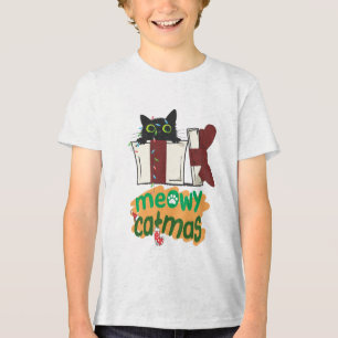 Camiseta Papais noeis pretos Gato enredado em luzes de árvo