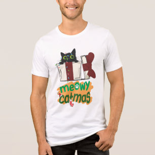 Camiseta Papais noeis pretos Gato enredado em luzes de árvo