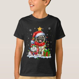 Camiseta Papais noeis Pug Com Elf Cat Luzes De Natal Crianç