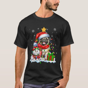 Camiseta Papais noeis Pug Com Elf Cat Luzes De Natal Crianç