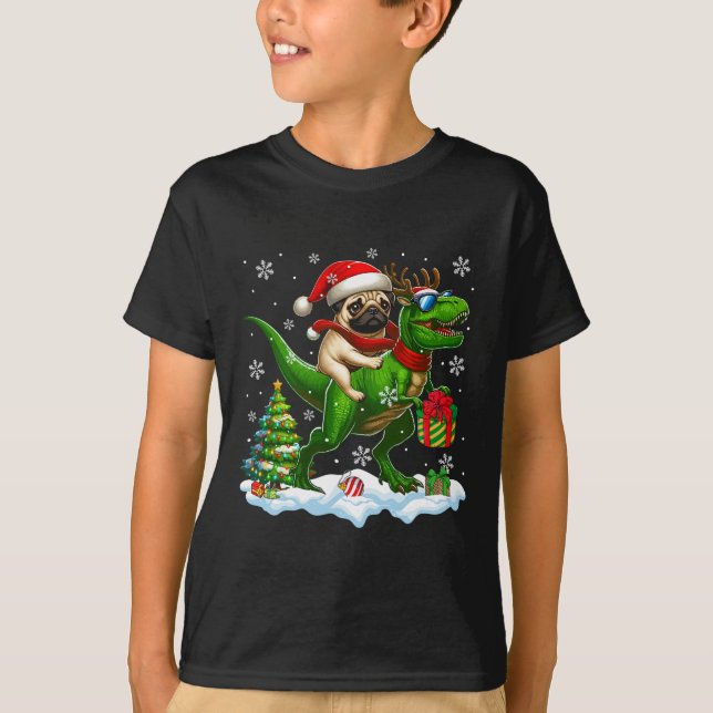 Camiseta Papais noeis Pug Riding Reindeer T-rex Crianças de (Frente)