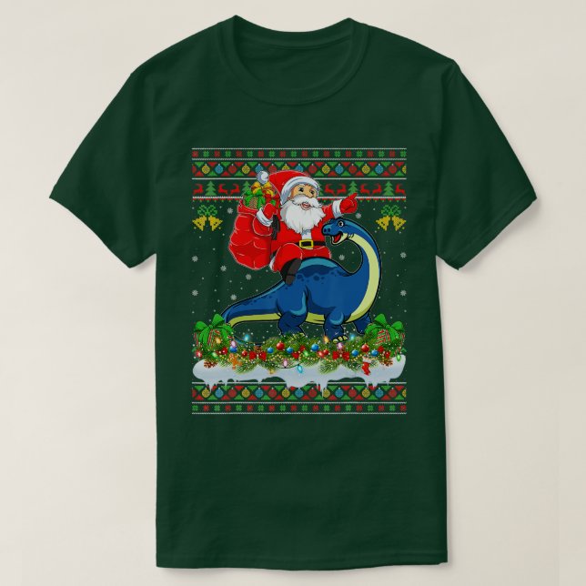 Camiseta Papais noeis Puros do Xmas Andando Brontosaurus Di (Frente do Design)