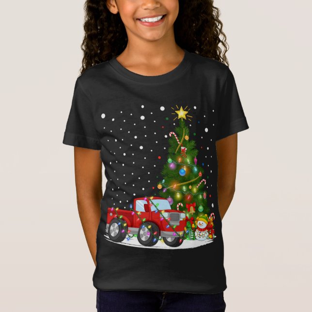 Camiseta Papais noeis Red Truck Xmas Tree Lighting Red Truc (Frente)