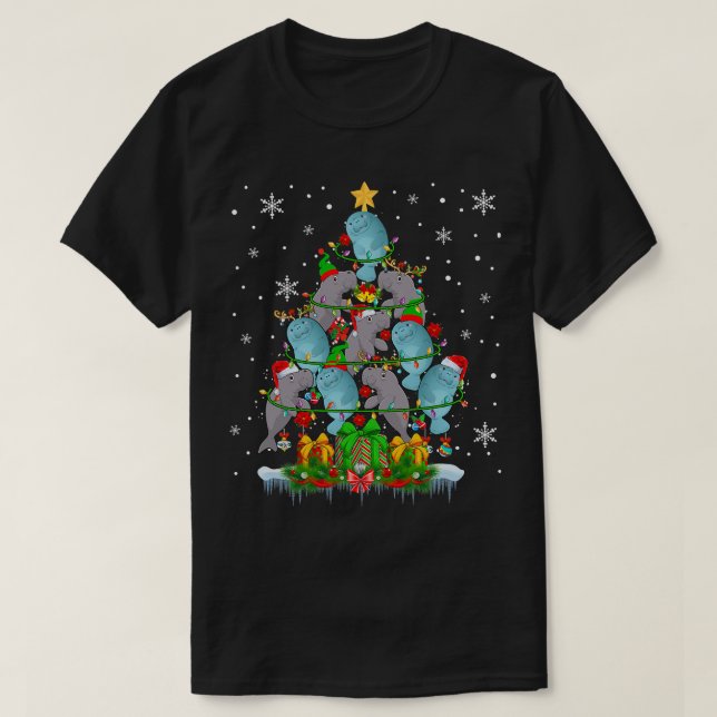 Camiseta Papais noeis Reindeer Elf Manateia Luzes de Árvore (Frente do Design)