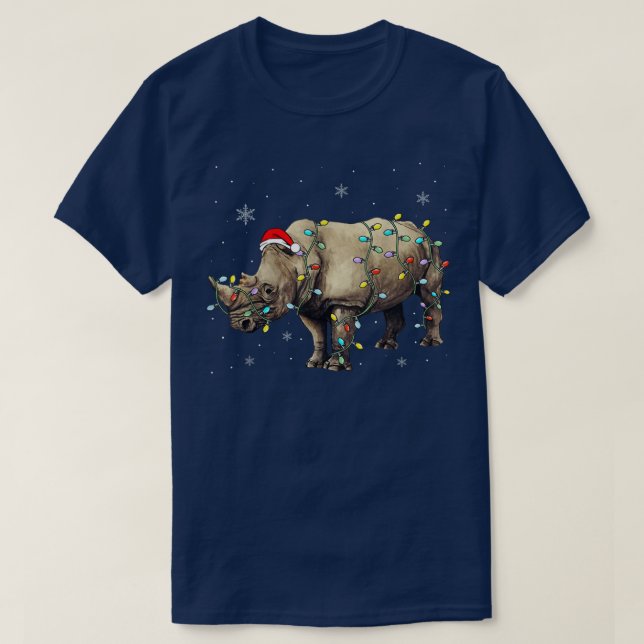 Camiseta Papais noeis Rhino Christmas Lights Rhino Lover Xm (Frente do Design)
