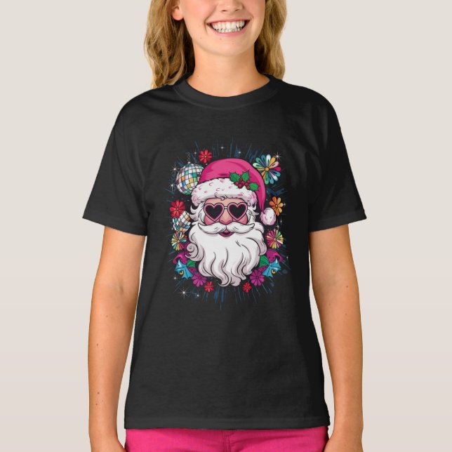 Camiseta Papais noeis Rosa de Disco Festa de Natal Engraçad (Frente)